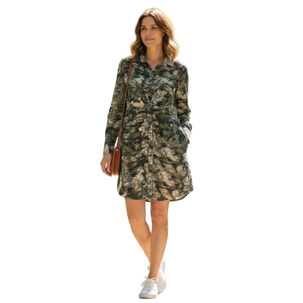 PILCRO Anthropologie Green Camouflage Print Ruched Shirt‎ Dress corduroy 14 NWOT